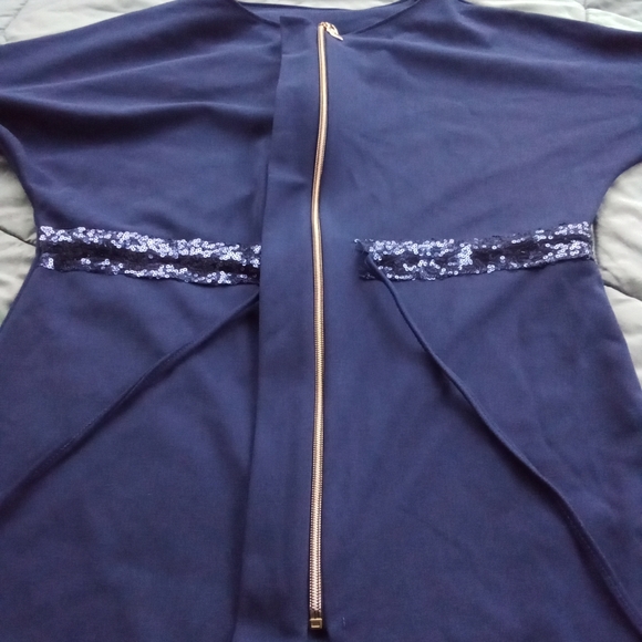 Navy Blue Stretchy Sequined Dressy Traditional Tunic Top with Tiered Bell Sleeve - Picture 8 of 11